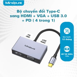 Cáp chuyển đổi 4 trong 1 USB-C ra HDMI/VGA/USB3.0/PD Mindpure HU005