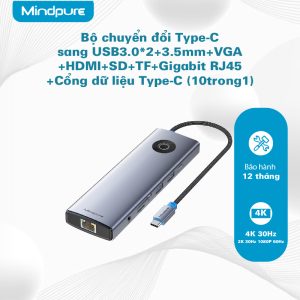 Bộ Hub chuyển đổi USB-C ra USB3.0*2/Type-C/HDMI/3.5AV/VGA/PD/SD/TF/RJ45 Mindpure HU011