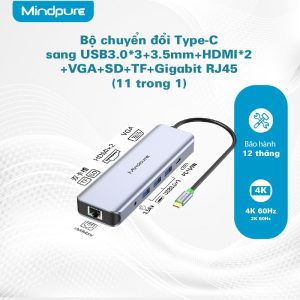 Bộ Hub chuyển đổi USB-C ra USB3.0*3/HDMI*2/3.5AV/VGA/PD/SD/TF/RJ45 Mindpure HU012